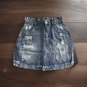 Hayden LA Denim M Jean Skirt Distressed Fray Hem Ruffle Waist Med Wash Boho NWT